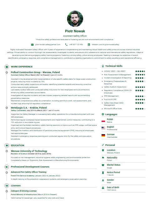 Assistant Safety Officer resume example