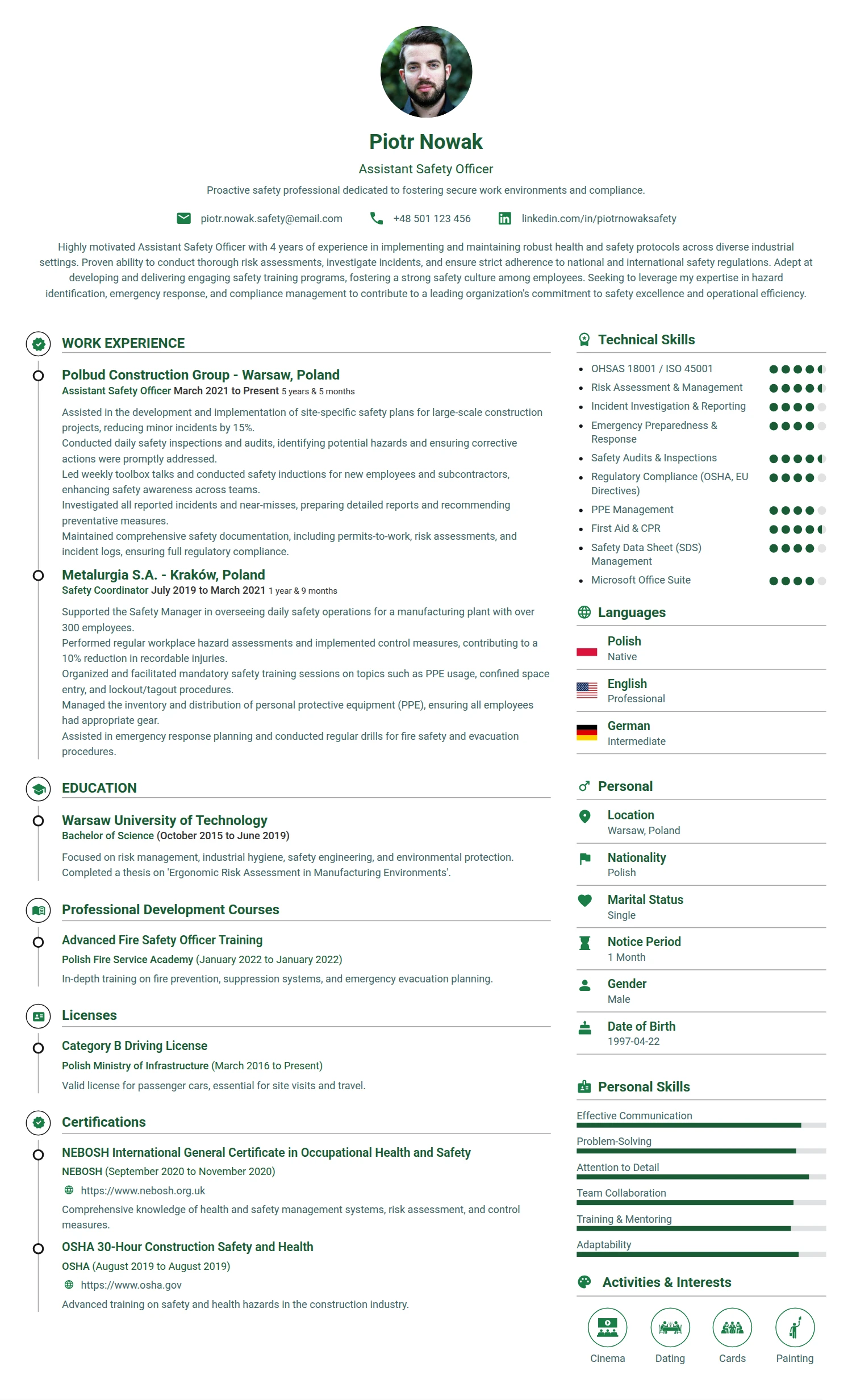 Assistant Safety Officer resume example — a professionally formatted Misc CV sample