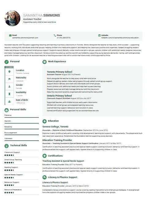 Assistant Teacher resume example