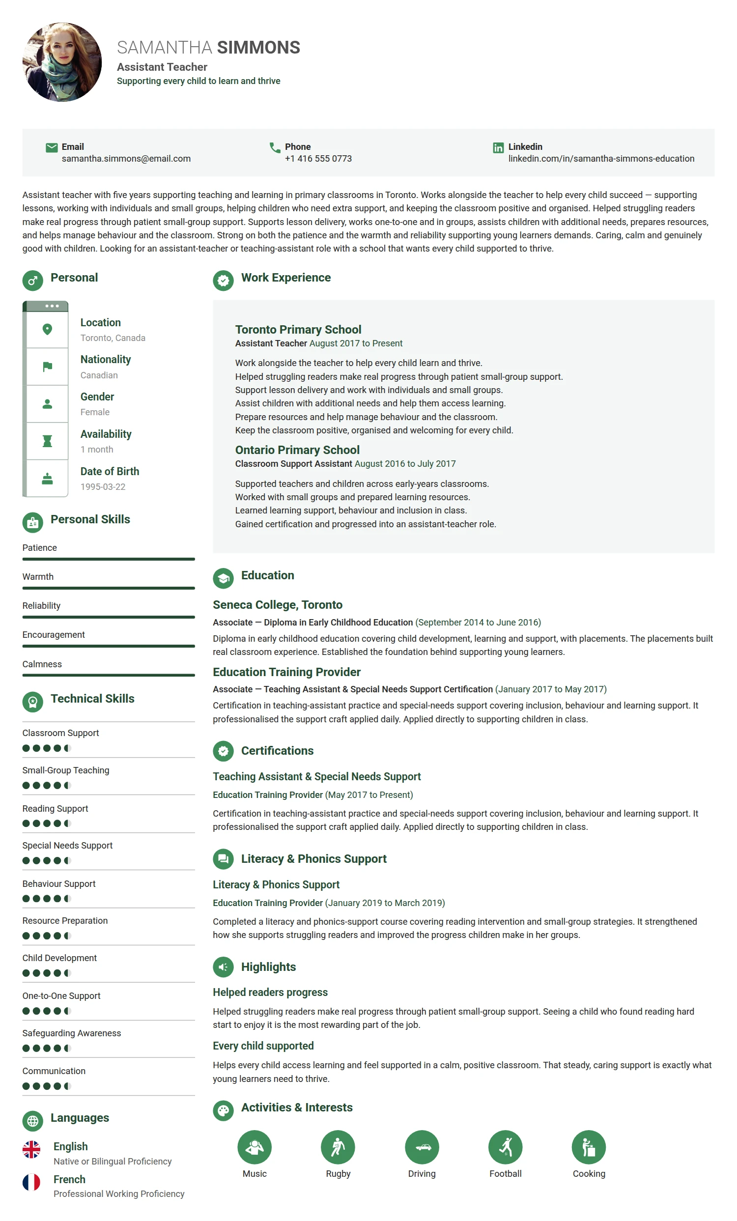 Assistant Teacher resume example — a professionally formatted Education CV sample