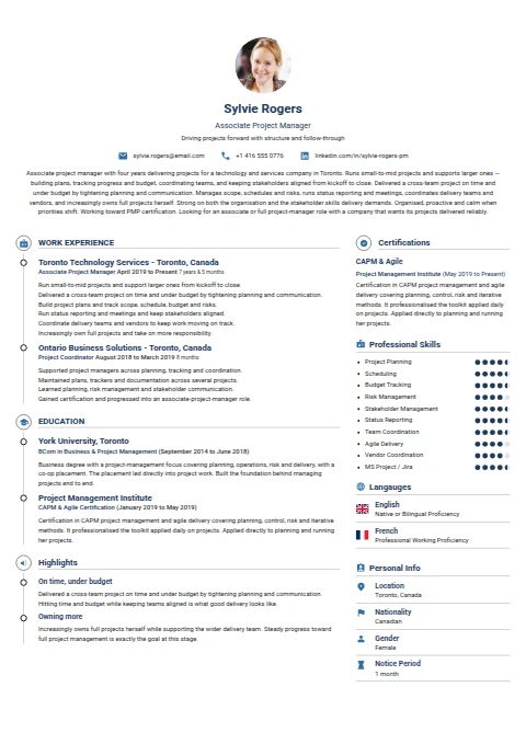 Associate Project Manager resume example