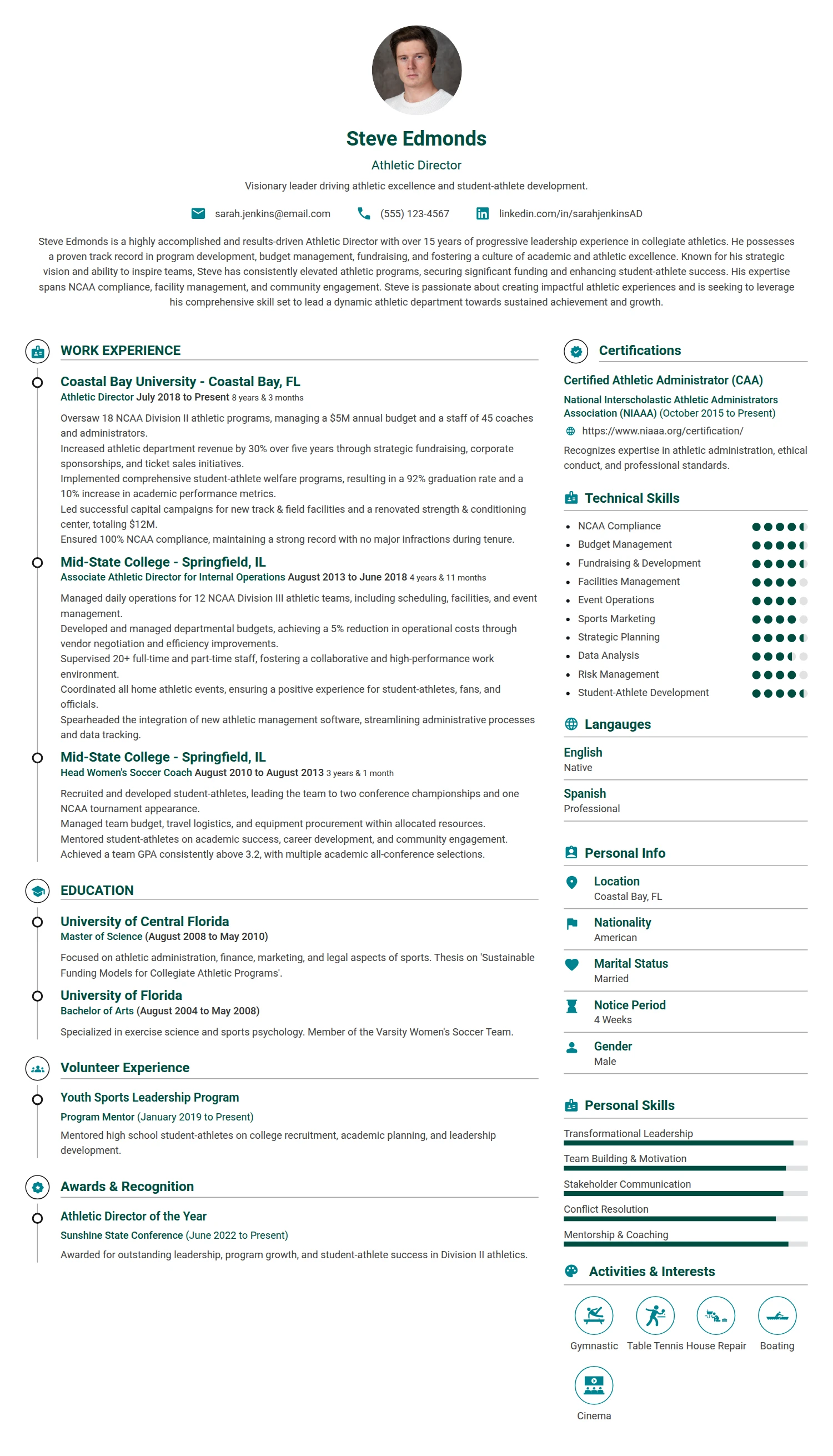 Athletic Director resume example — a professionally formatted Sports & Fitness CV sample