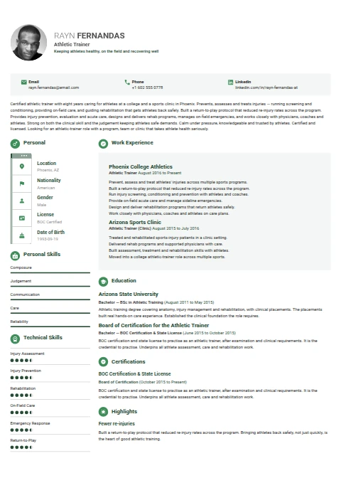Athletic Trainer resume example — a professionally formatted Sports & Fitness CV sample