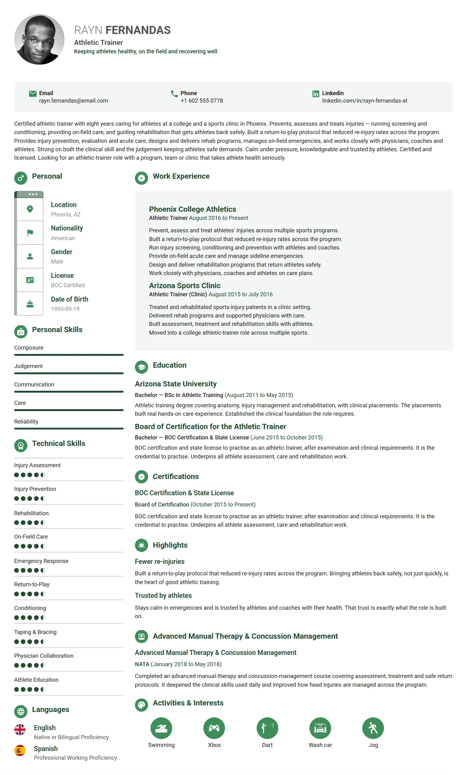 Athletic Trainer resume example — a professionally formatted Sports & Fitness CV sample