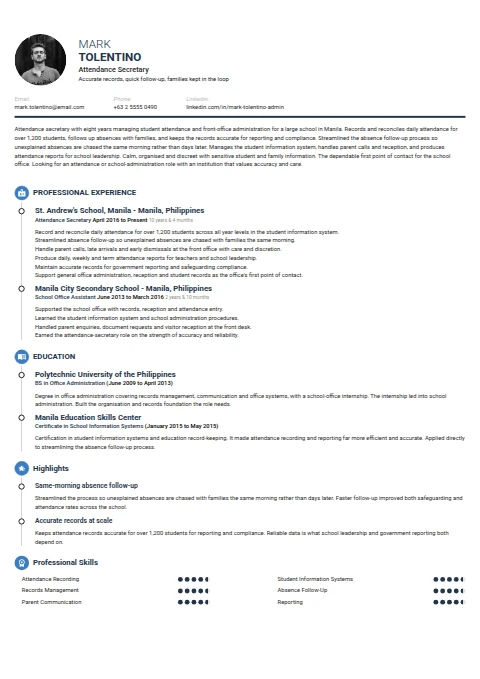 Attendance Secretary resume example — a professionally formatted Administration CV sample