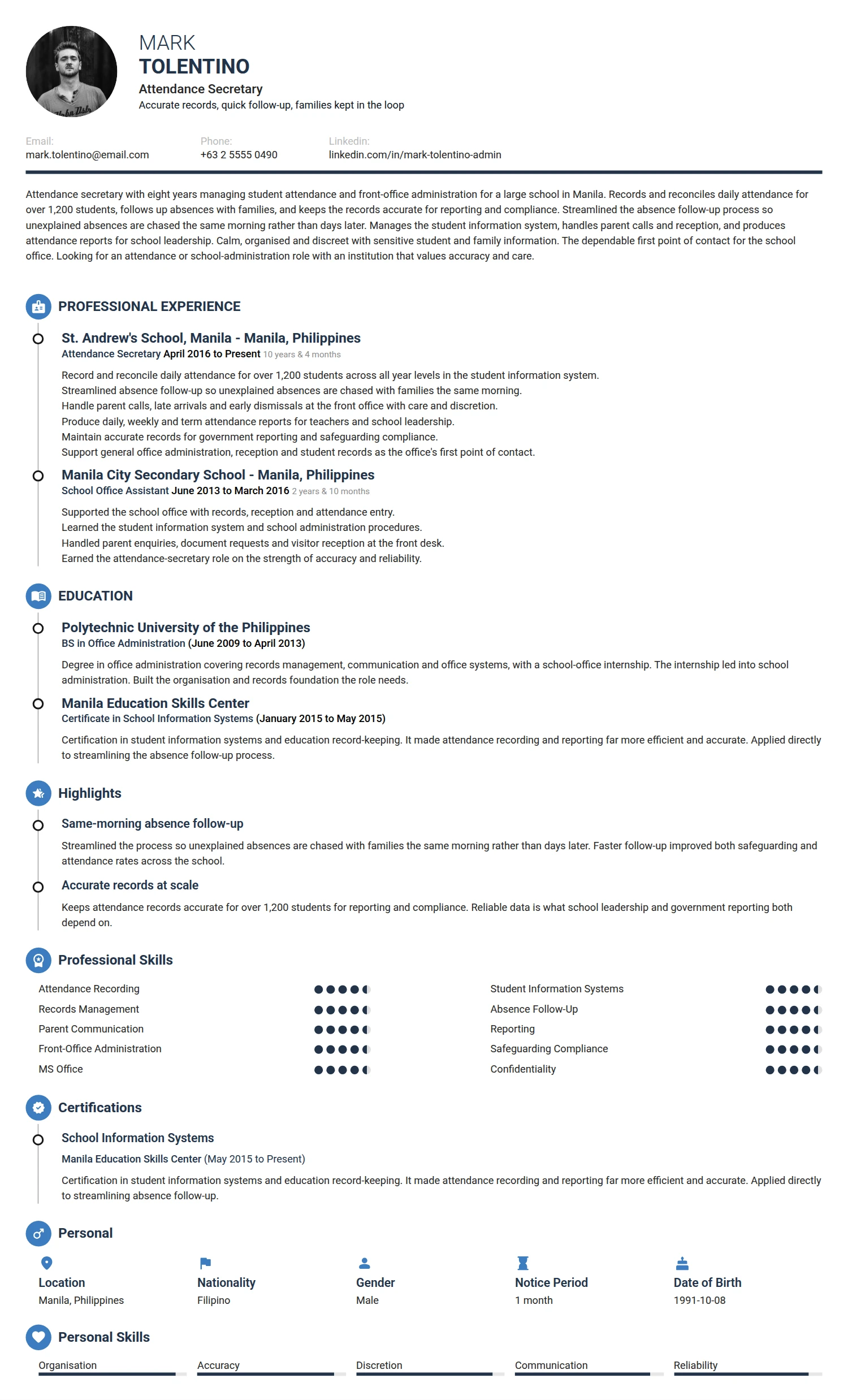 Attendance Secretary resume example — a professionally formatted Administration CV sample