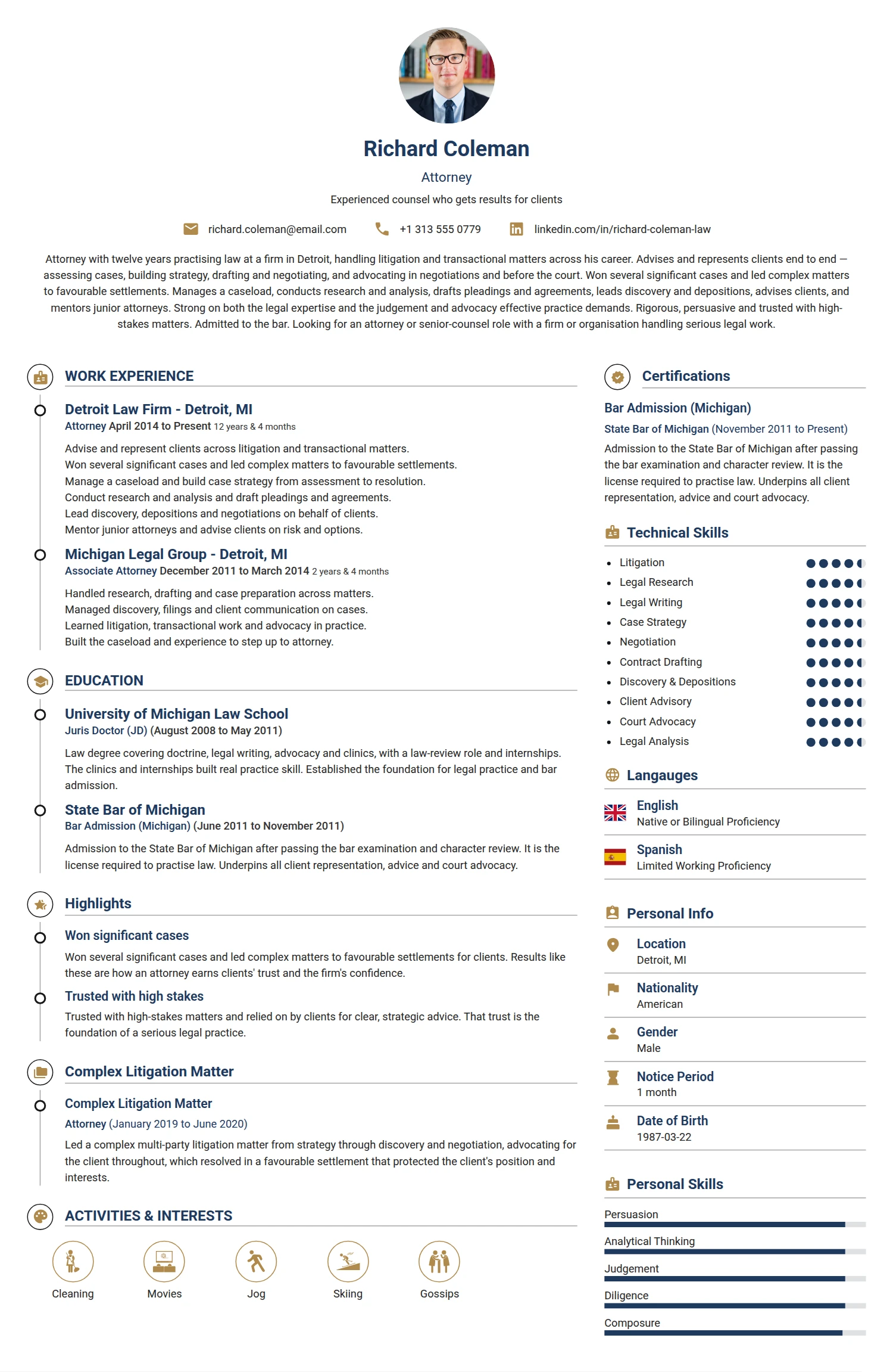 Attorney resume example — a professionally formatted Legal CV sample