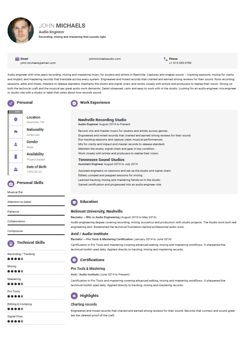 Audio Engineer resume example