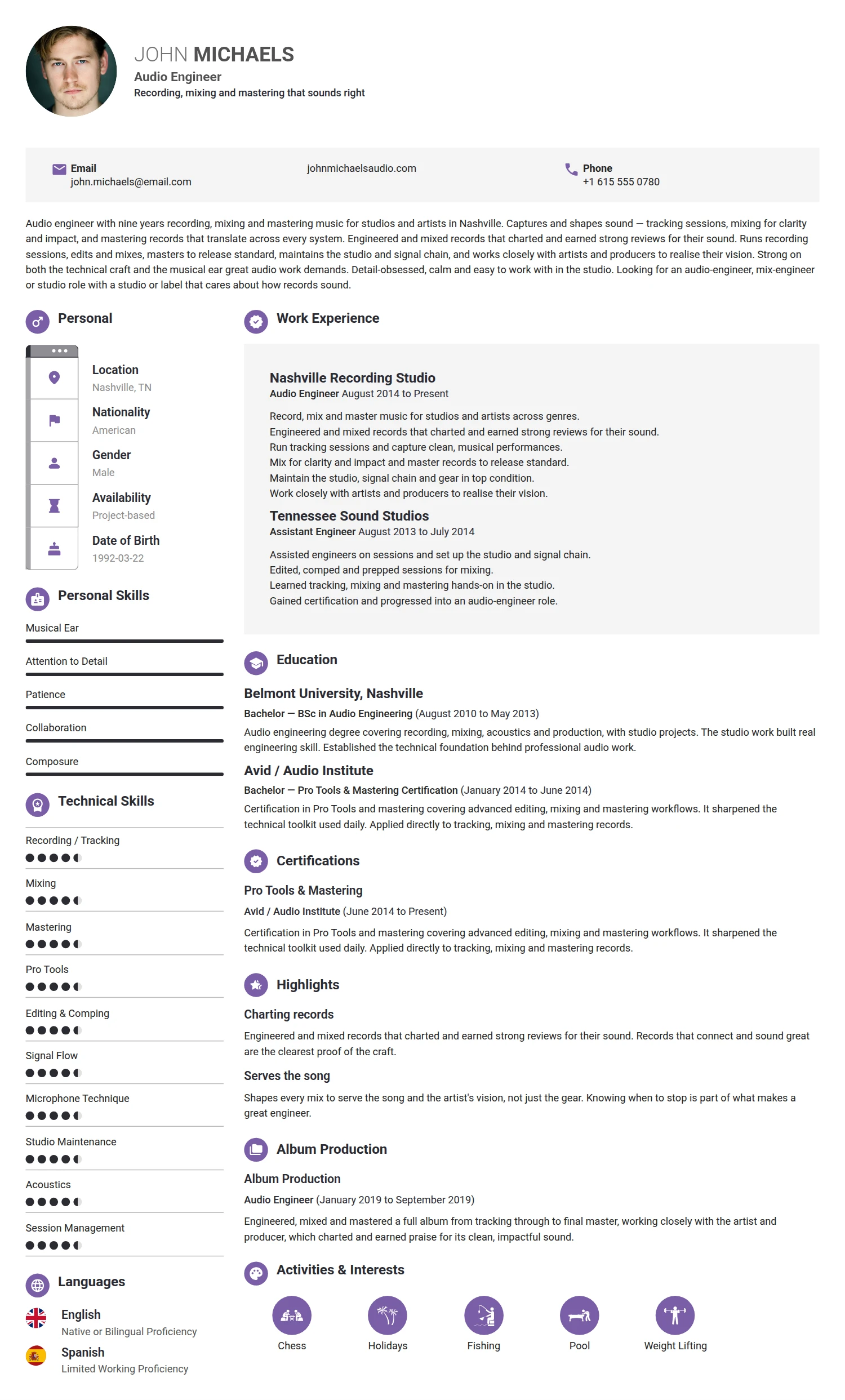 Audio Engineer resume example — a professionally formatted Engineering CV sample