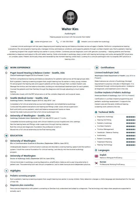 Audiologist resume example