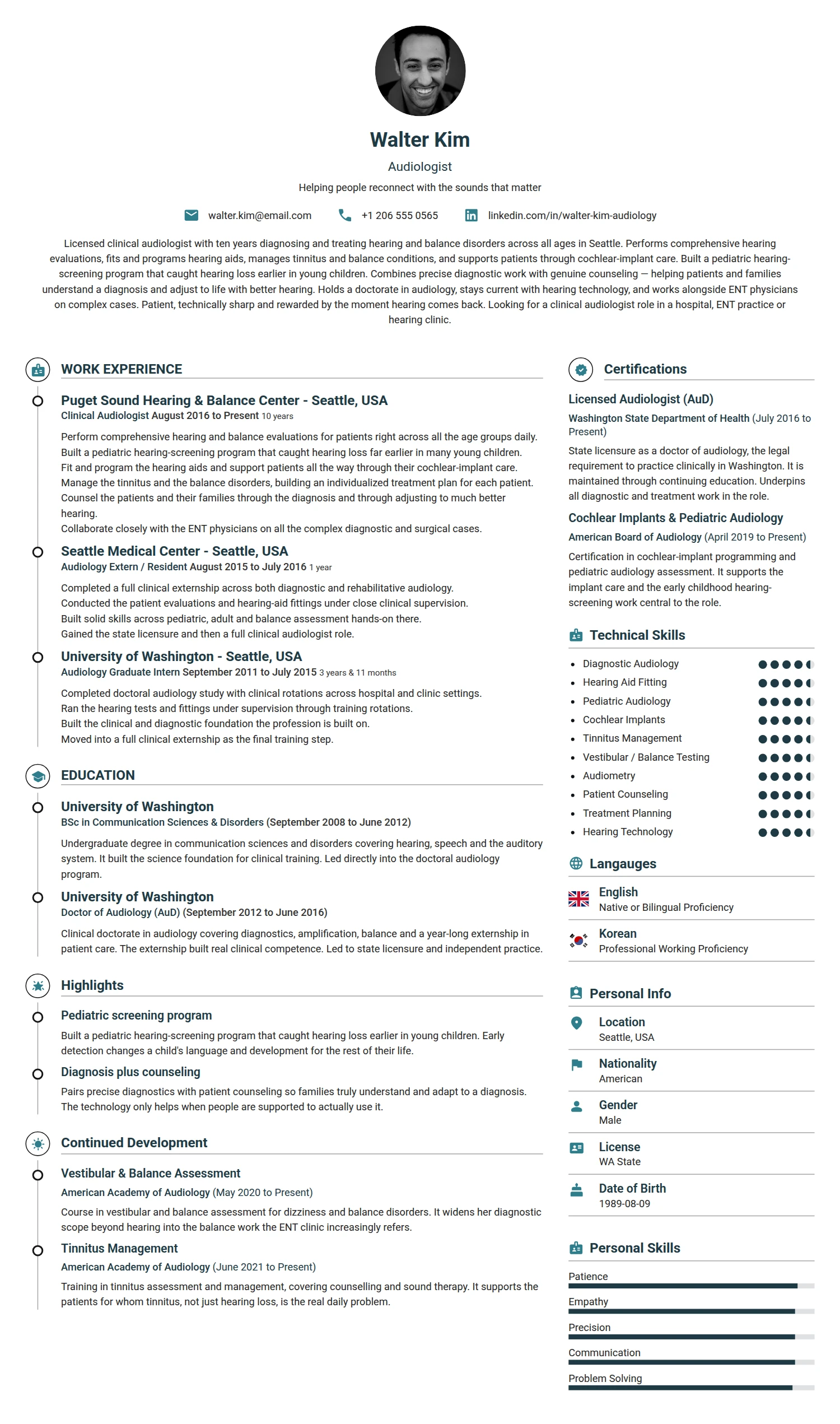 Audiologist resume example — a professionally formatted Engineering CV sample