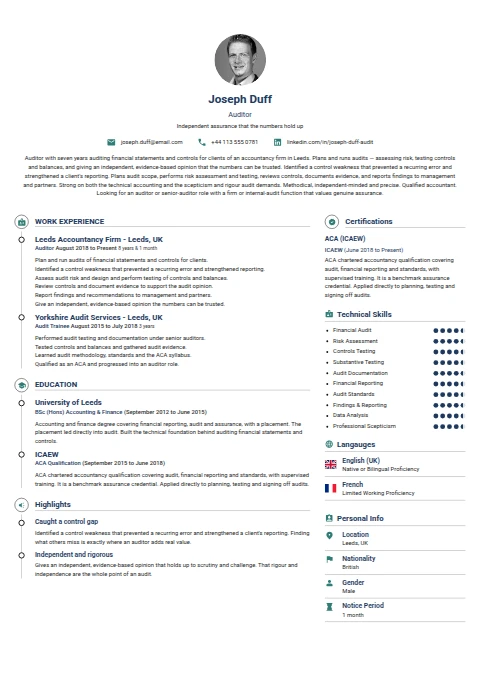Auditor resume example — a professionally formatted Accounting/Auditing CV sample