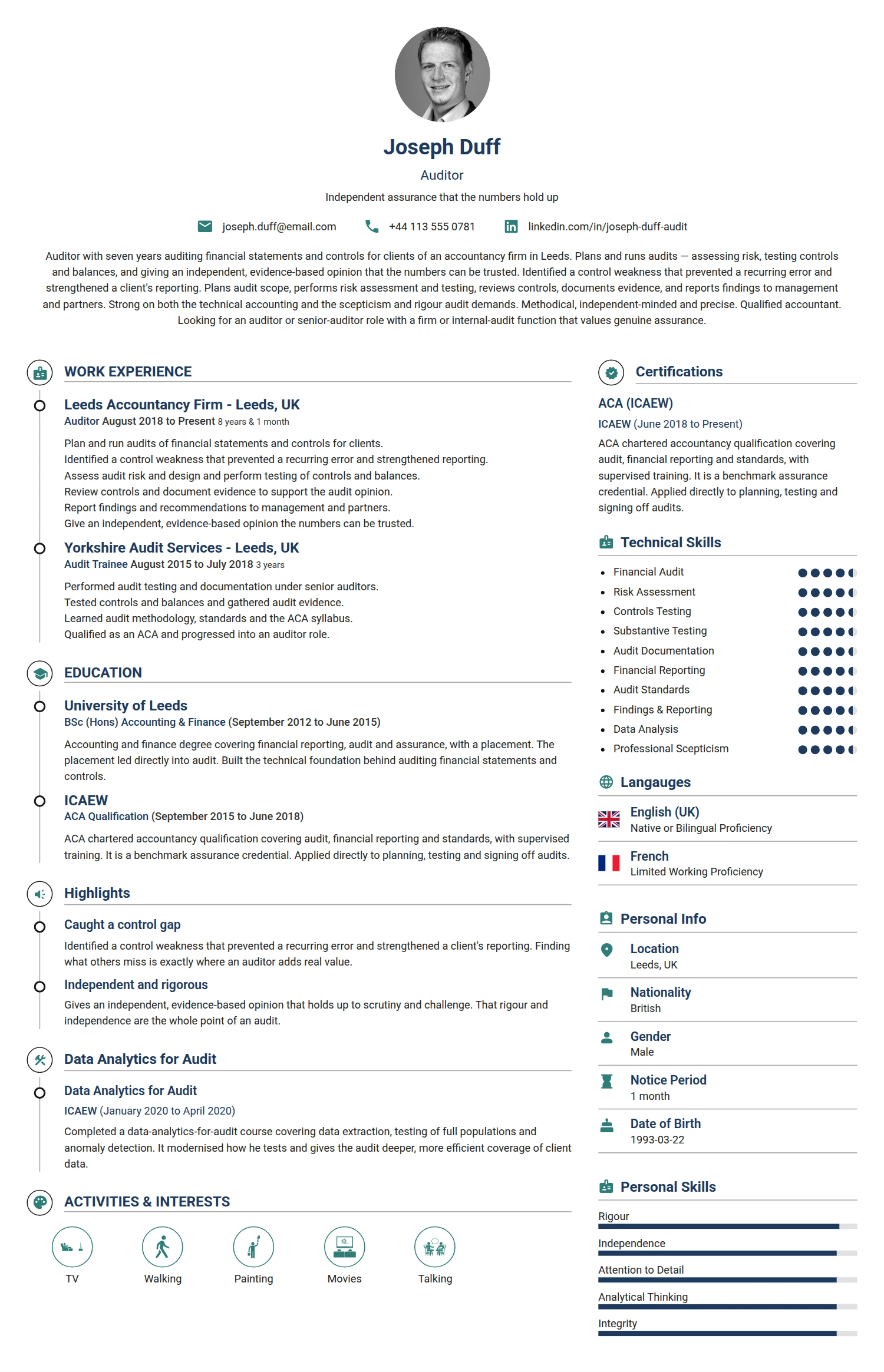 Auditor resume example — a professionally formatted Accounting/Auditing CV sample