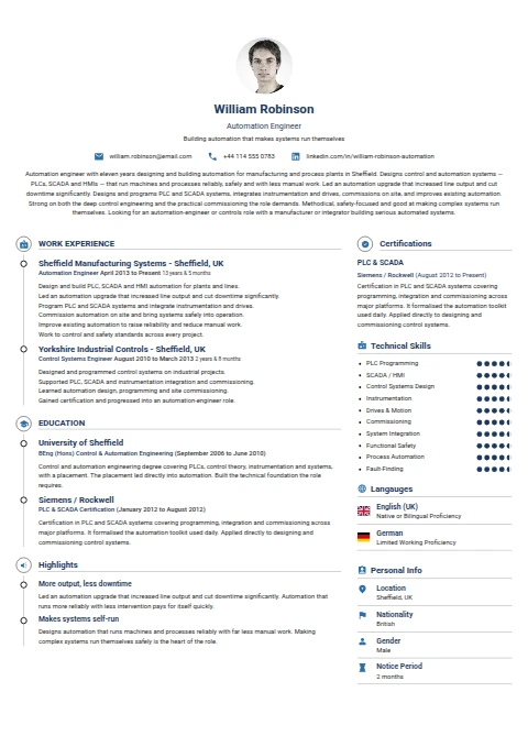 Automation Engineer resume example