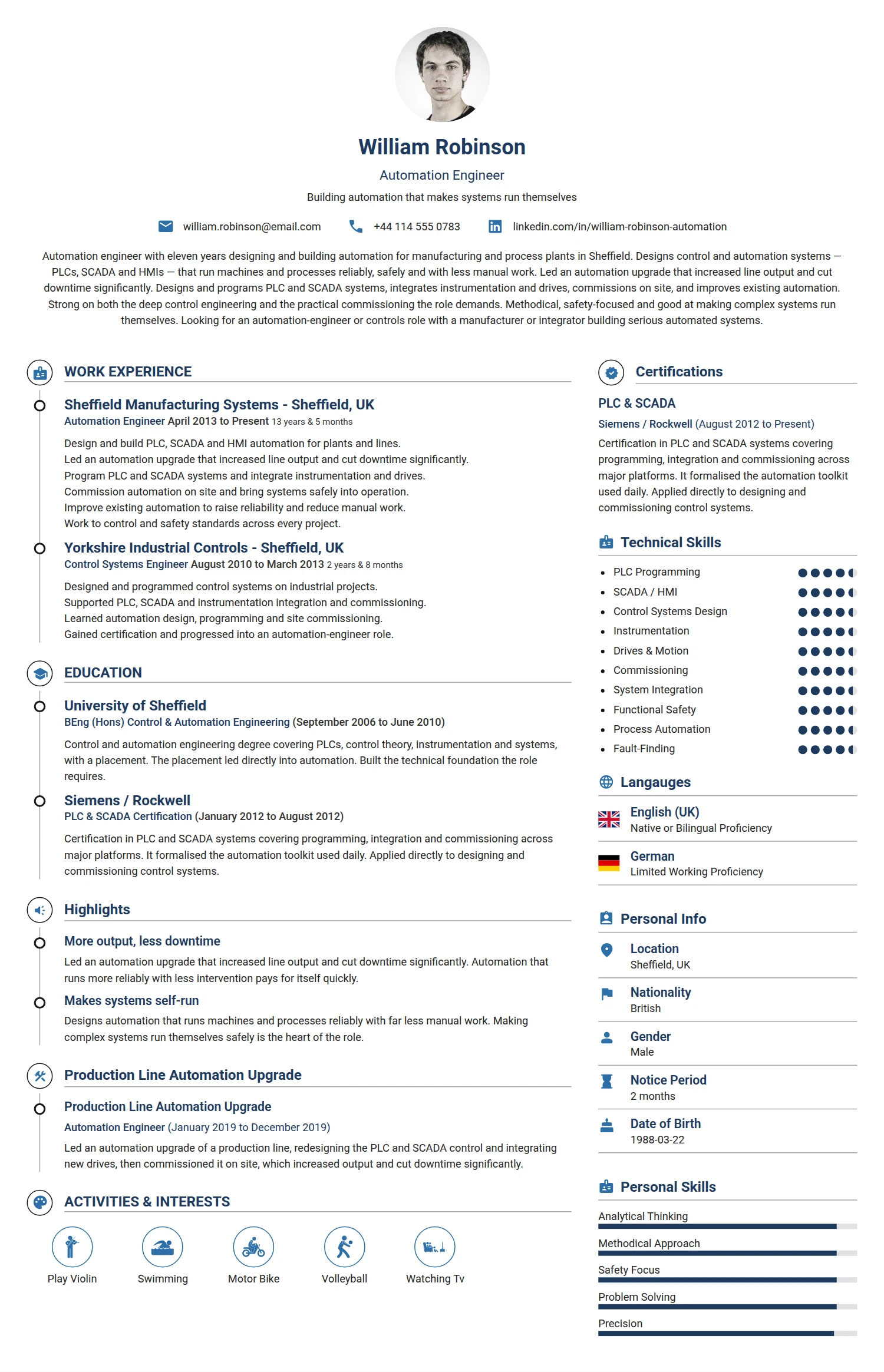 Automation Engineer resume example — a professionally formatted Software Development & IT CV sample