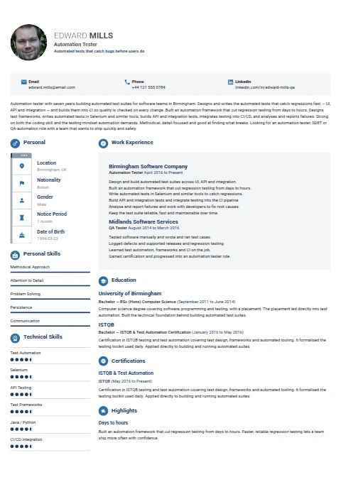 Automation Tester resume example