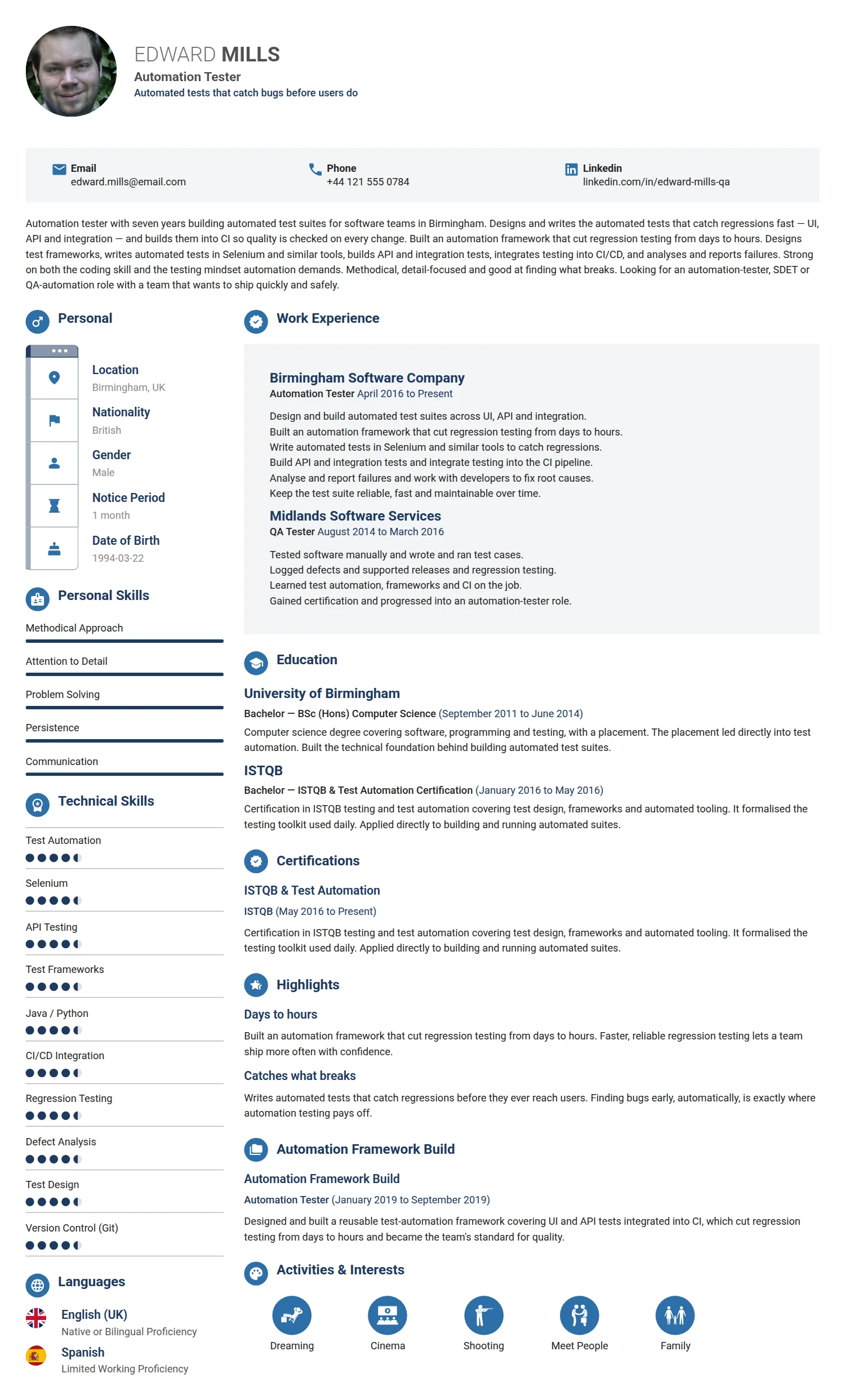 Automation Tester resume example — a professionally formatted Software Development & IT CV sample