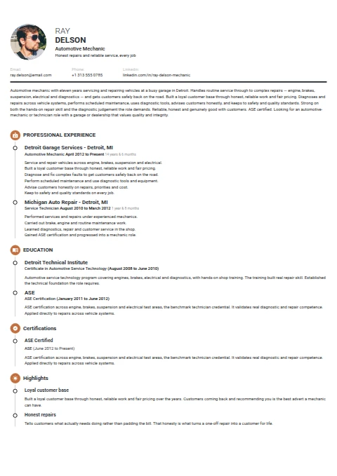 Automotive Mechanic resume example — a professionally formatted Maintenance/Repair CV sample