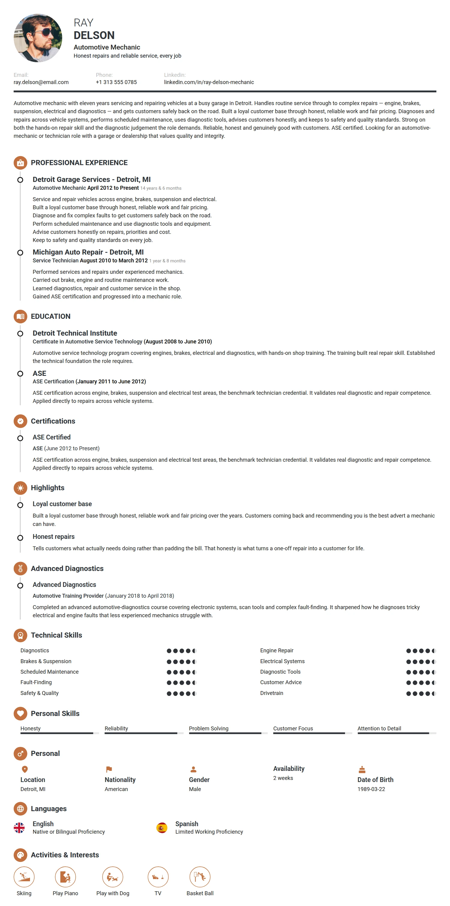 Automotive Mechanic resume example — a professionally formatted Maintenance/Repair CV sample