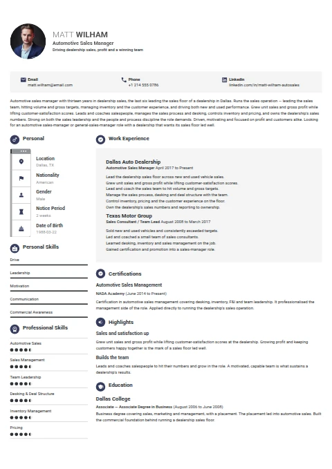 Automotive Sales Manager resume example