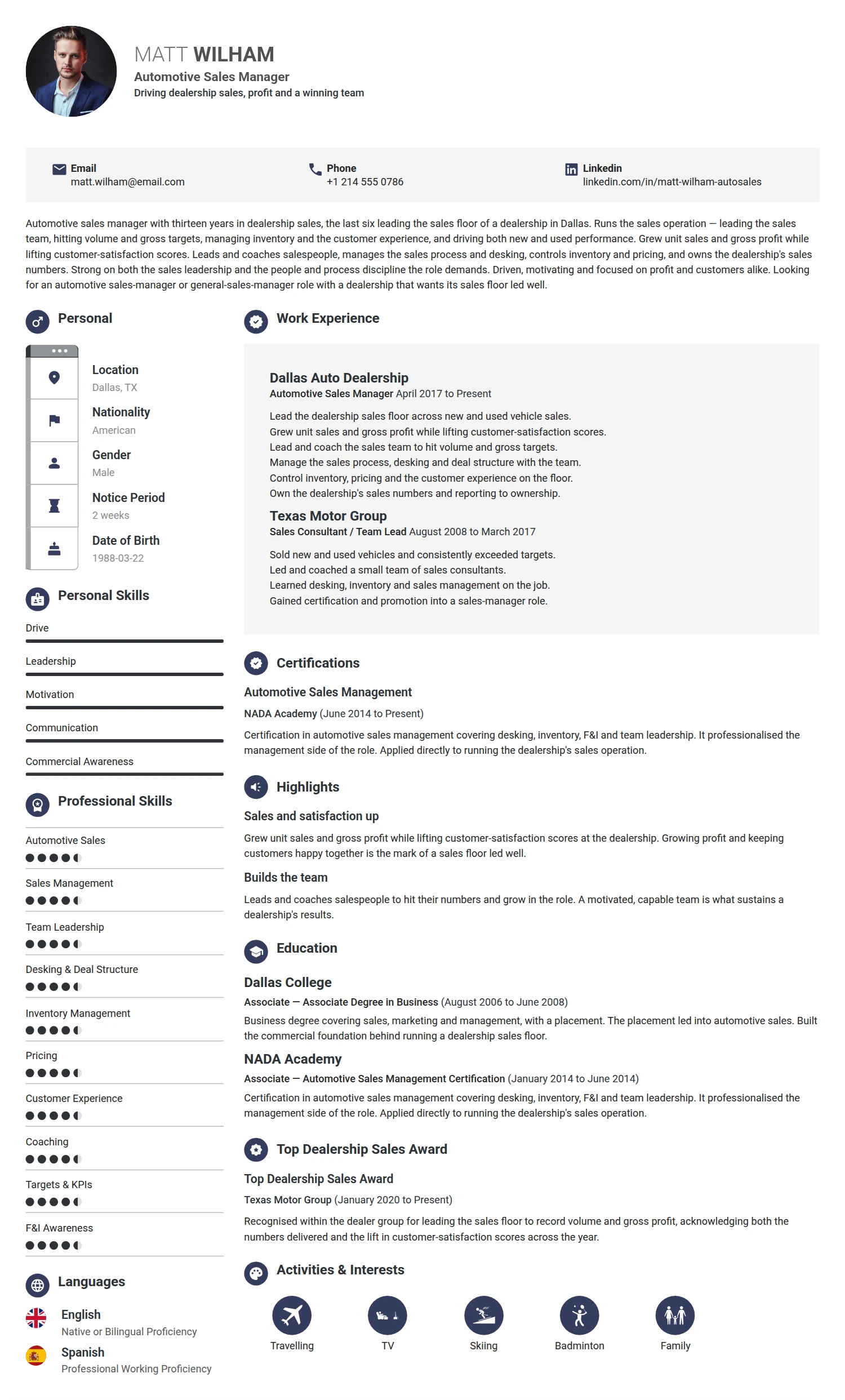 Automotive Sales Manager resume example — a professionally formatted Sales CV sample