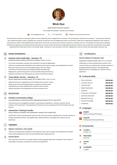 Automotive Service Advisor resume example