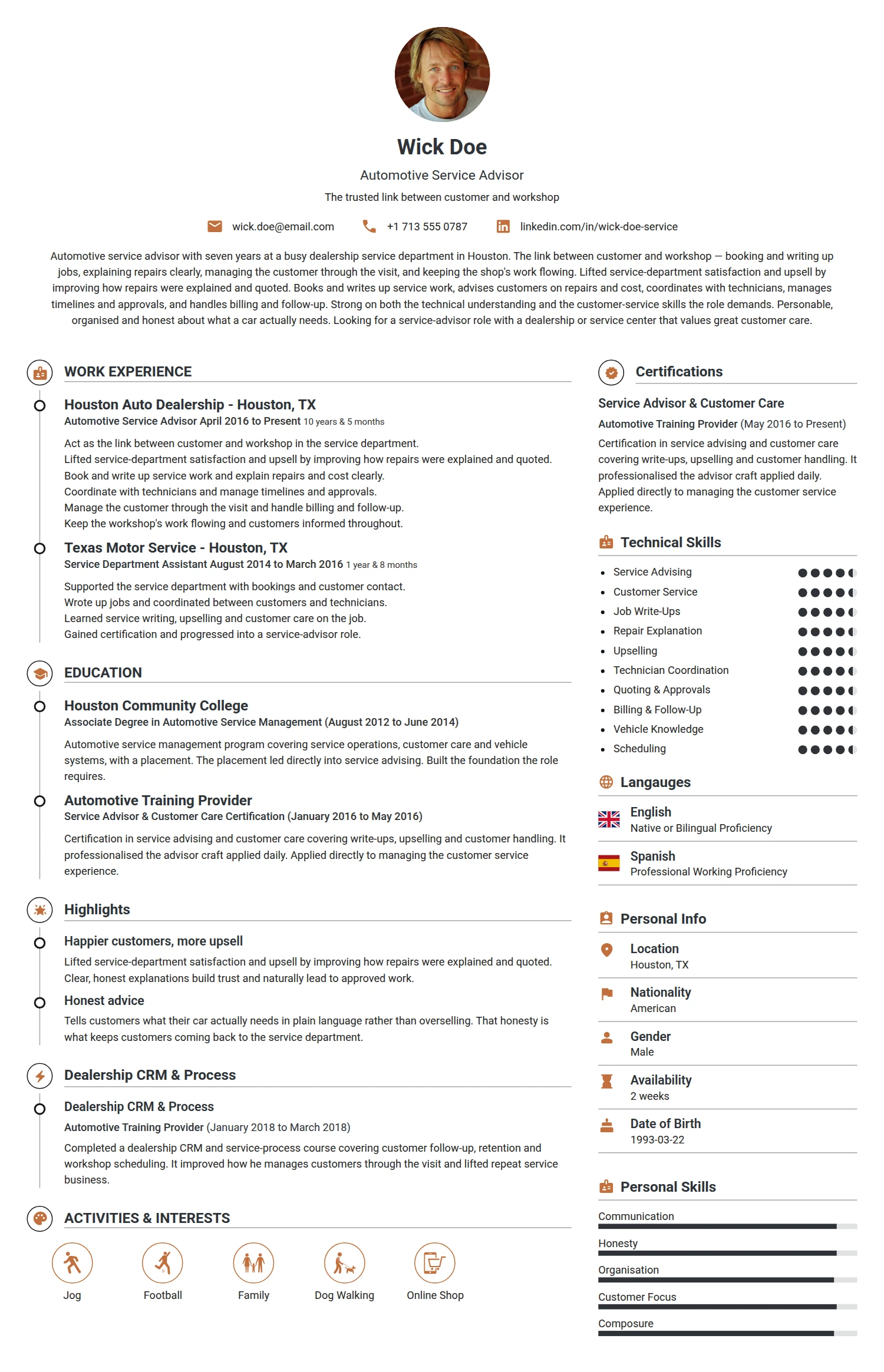 Automotive Service Advisor resume example — a professionally formatted Maintenance/Repair CV sample