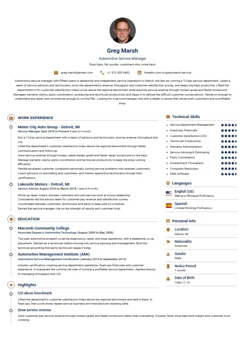Automotive Service Manager resume example