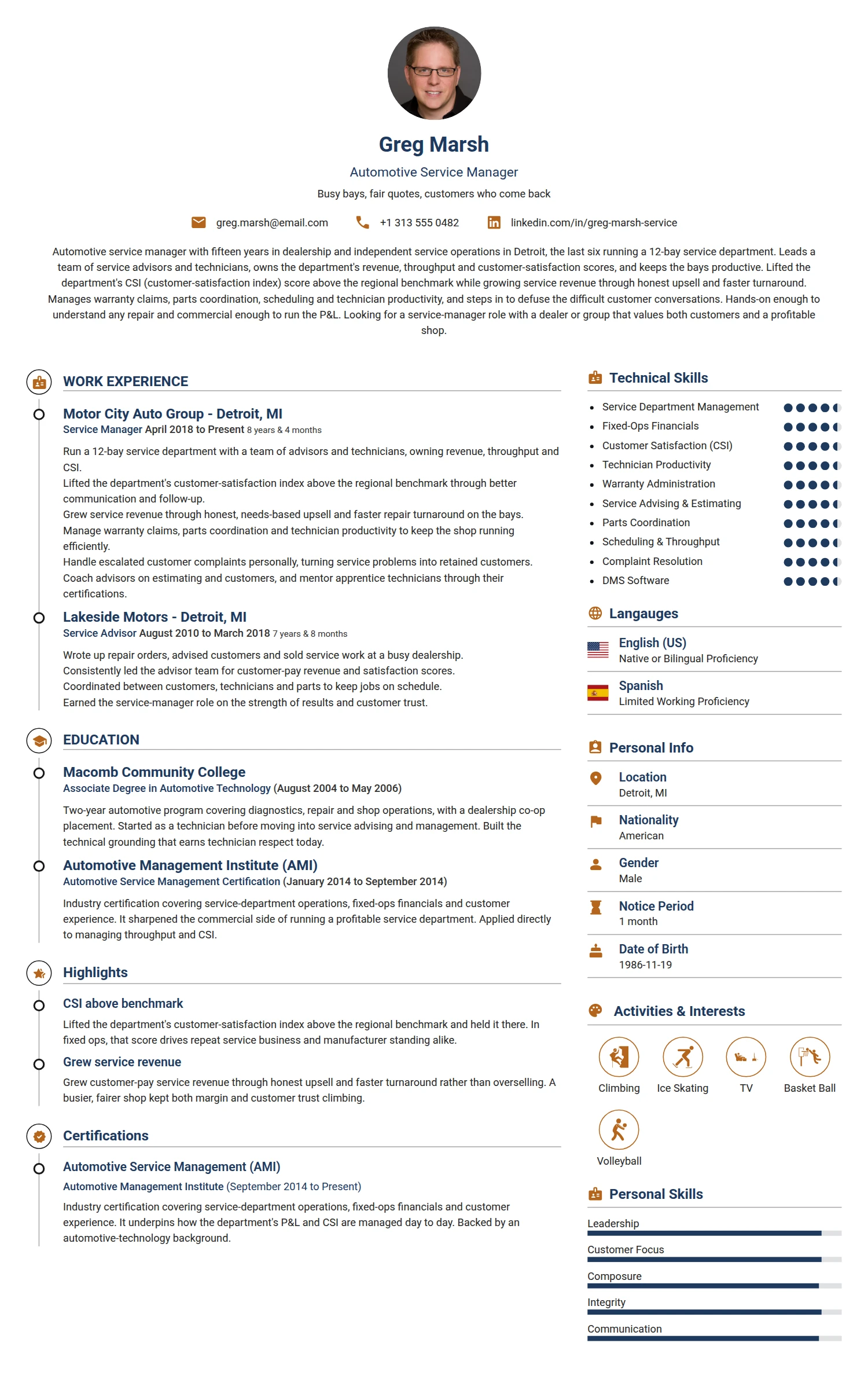 Automotive Service Manager resume example — a professionally formatted Transportation CV sample