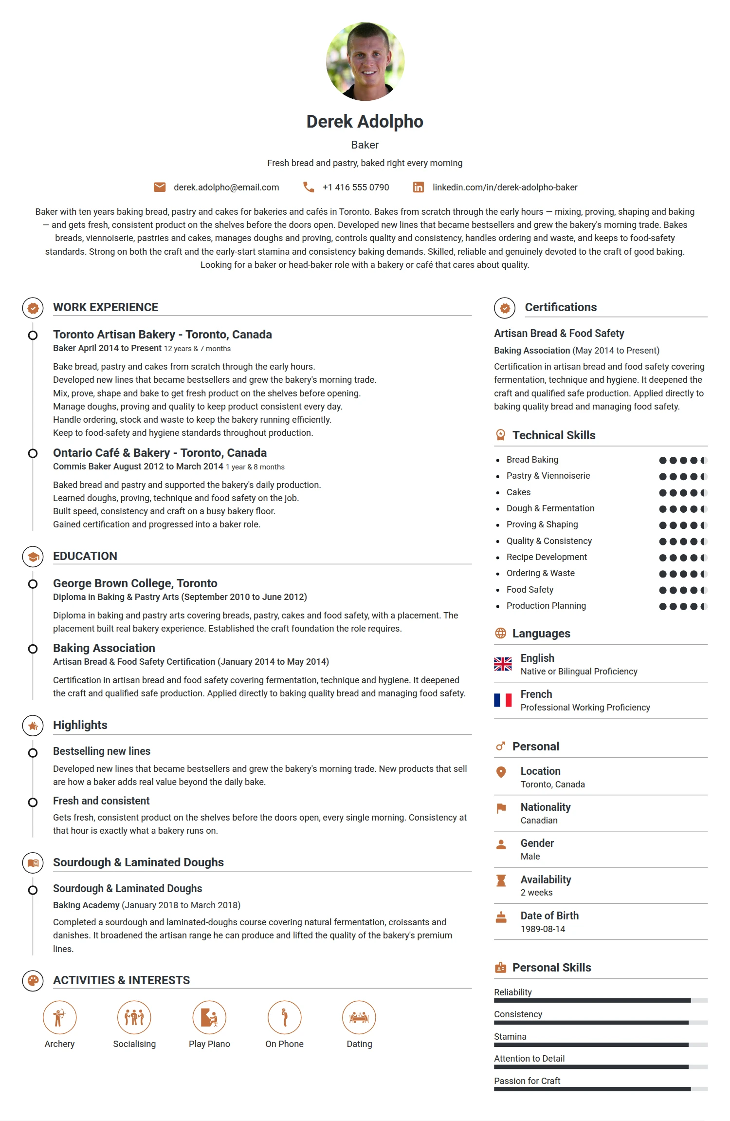 Baker resume example — a professionally formatted Hospitality CV sample
