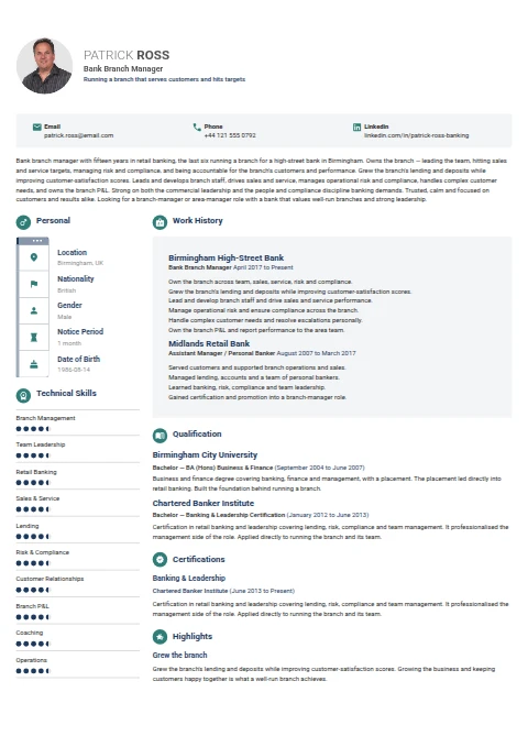Bank Branch Manager resume example