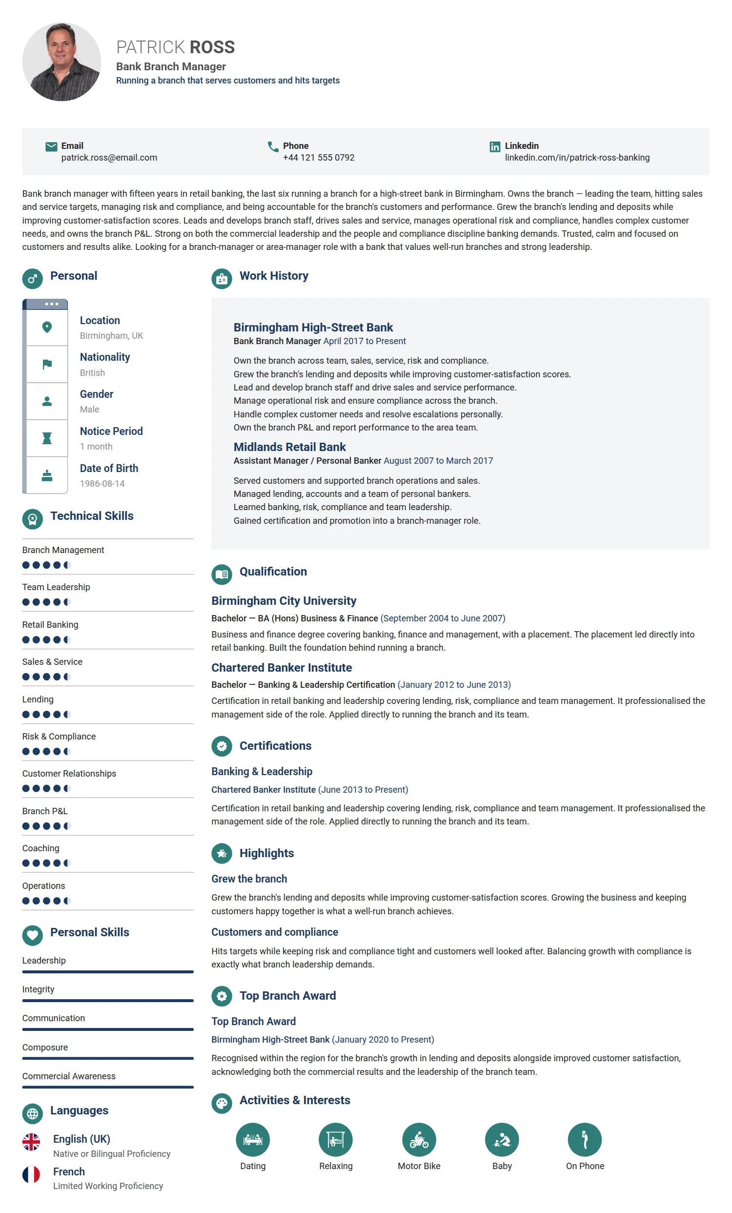 Bank Branch Manager resume example — a professionally formatted Financial Services & Banking CV sample