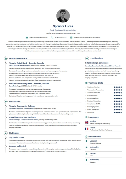 Bank Customer Representative resume example
