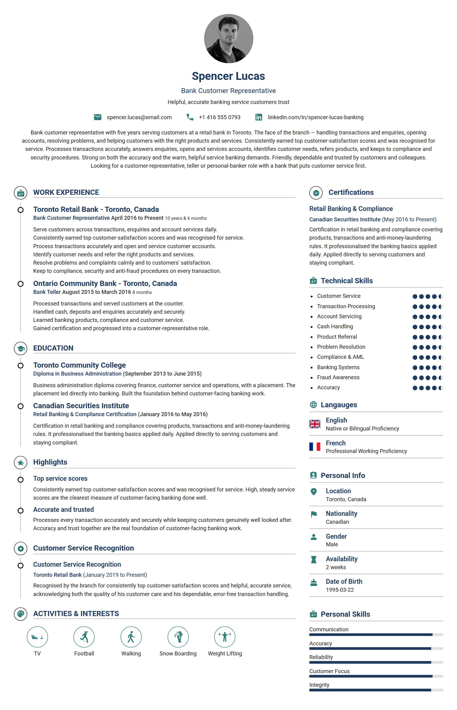 Bank Customer Representative resume example — a professionally formatted Financial Services & Banking CV sample