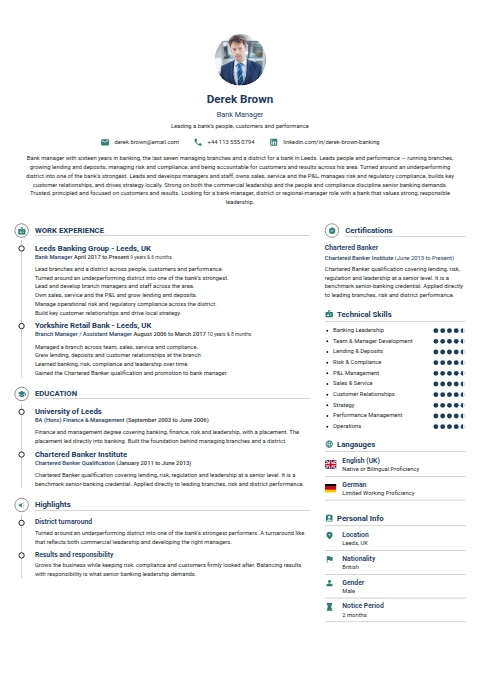 Bank Manager resume example