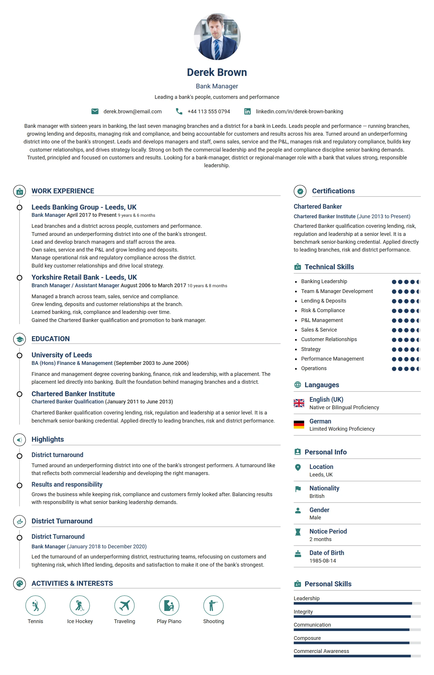 Bank Manager resume example — a professionally formatted Financial Services & Banking CV sample