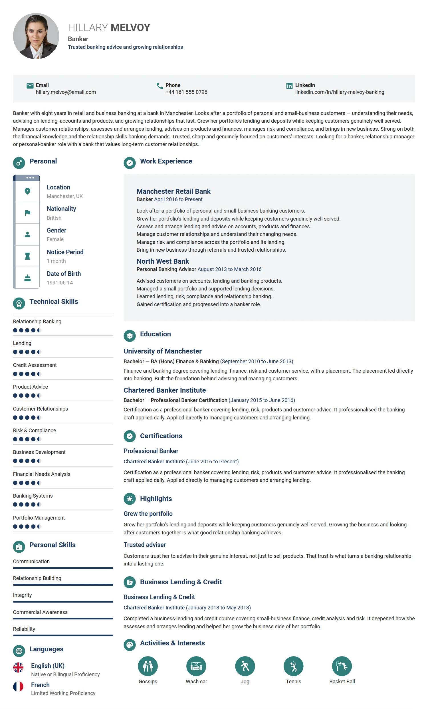 Banker resume example — a professionally formatted Financial Services & Banking CV sample