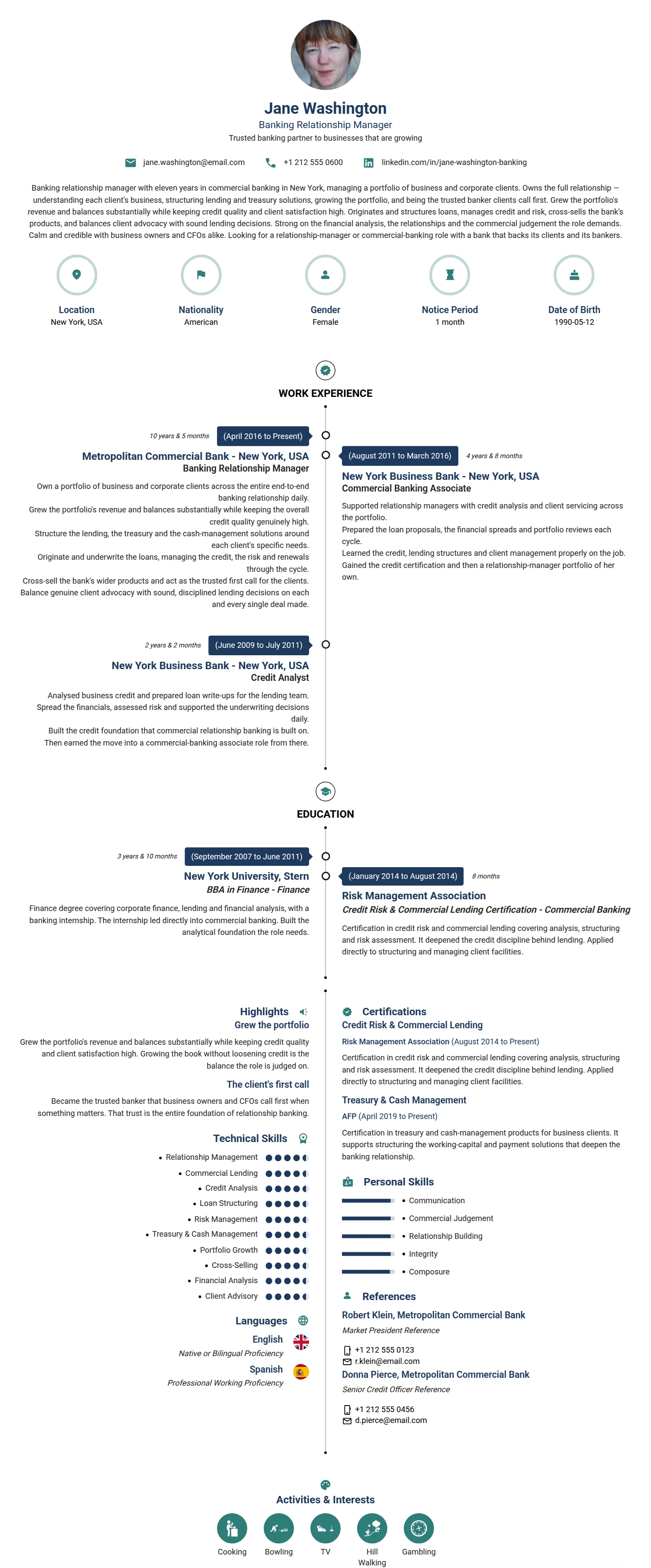 Banking Relationship Manager resume example — a professionally formatted Financial Services & Banking CV sample