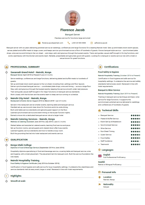 Banquet Server resume example