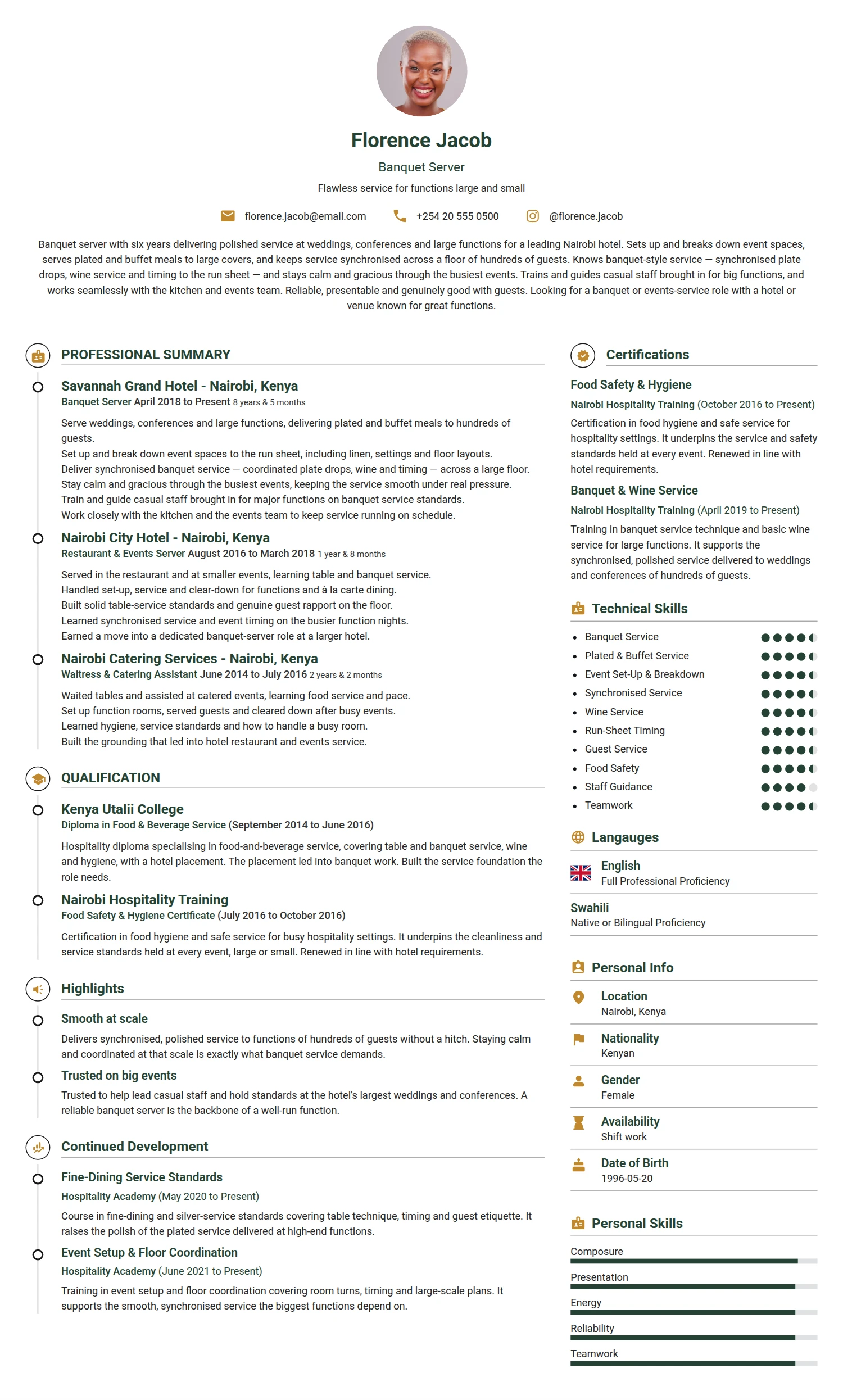 Banquet Server resume example — a professionally formatted Hospitality CV sample