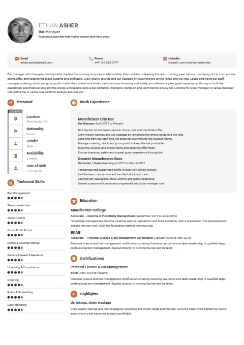 Bar Manager resume example