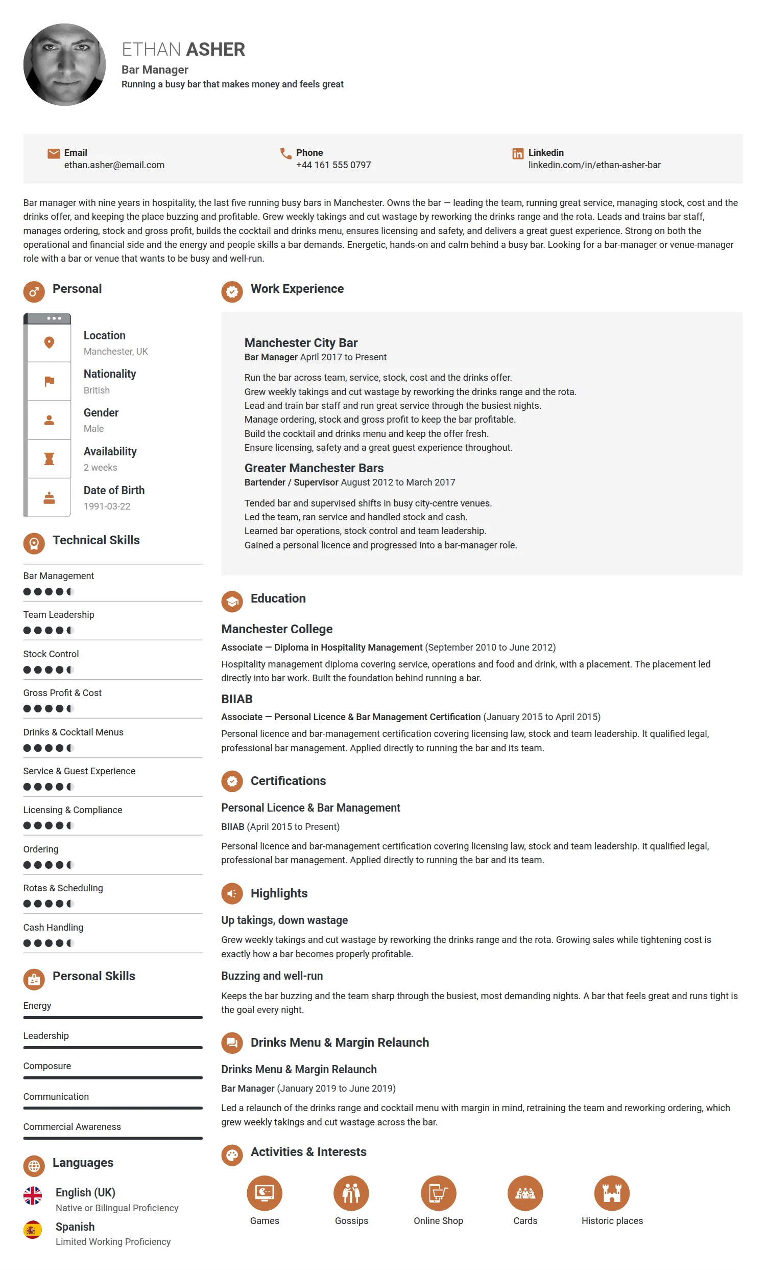 Bar Manager resume example — a professionally formatted Hospitality CV sample