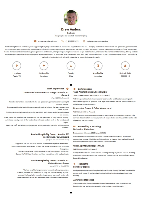Barback resume example