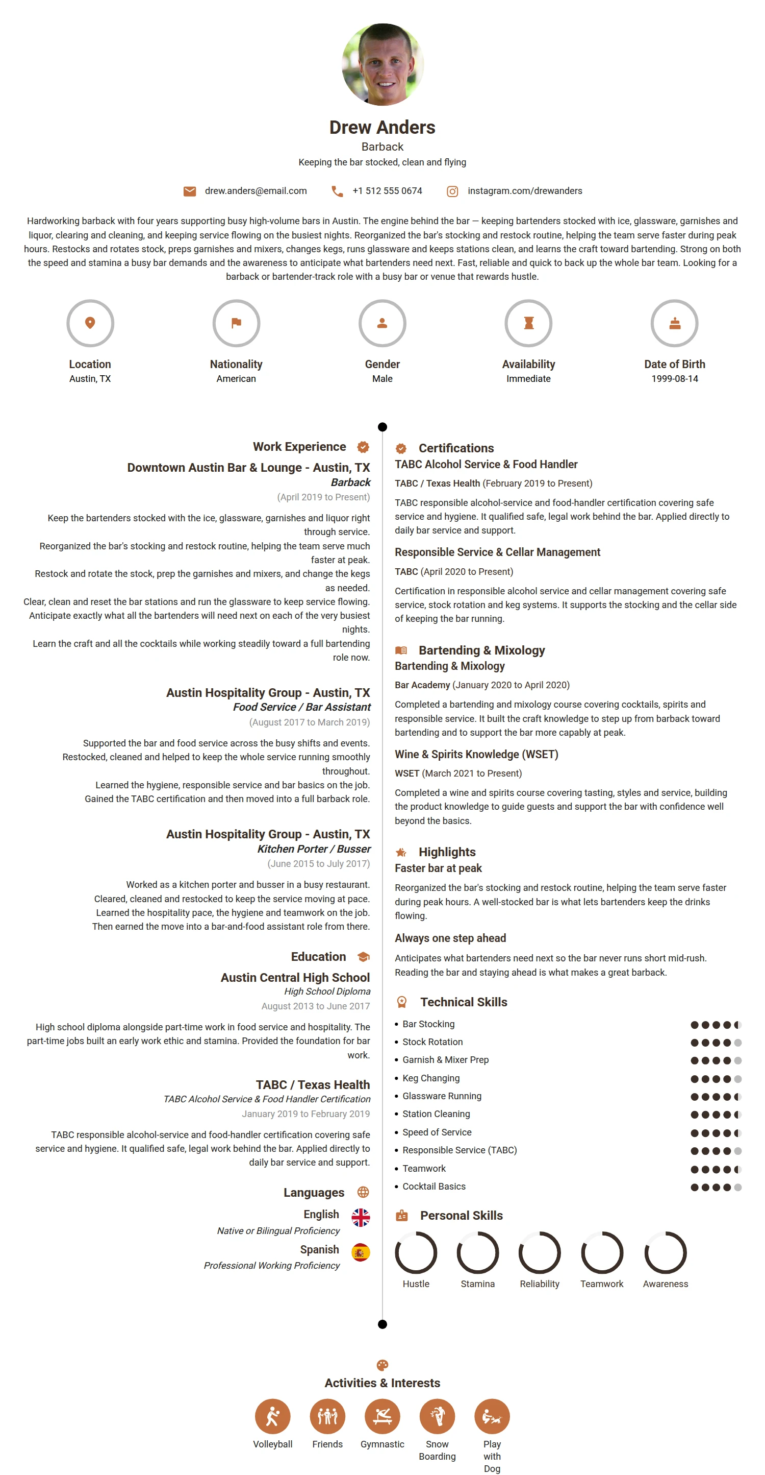 Barback resume example — a professionally formatted Hospitality CV sample