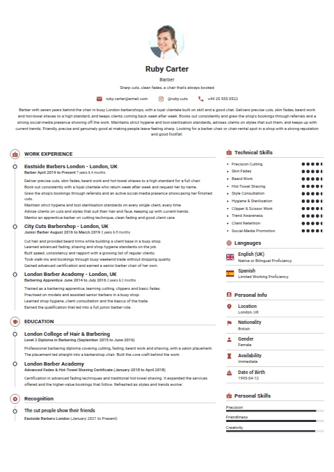 Barber resume example — a professionally formatted Art/Creative/Design CV sample