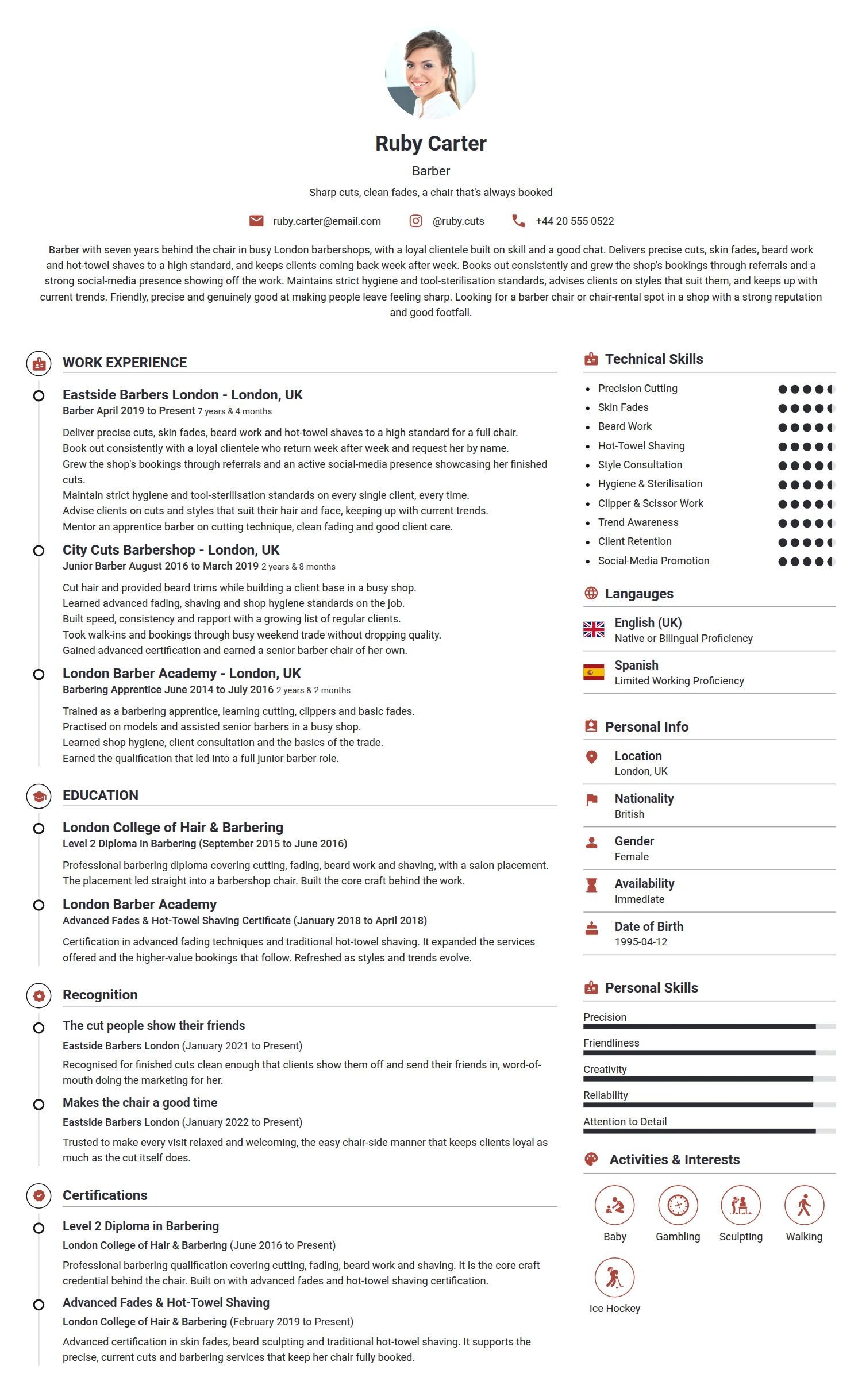 Barber resume example — a professionally formatted Art/Creative/Design CV sample