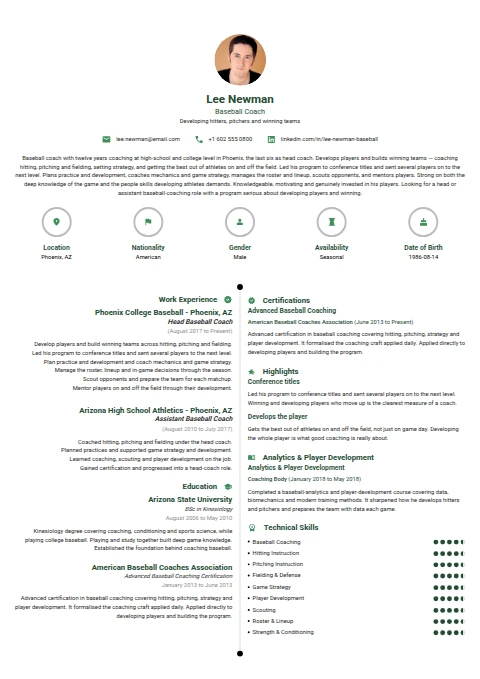 Baseball Coach resume example
