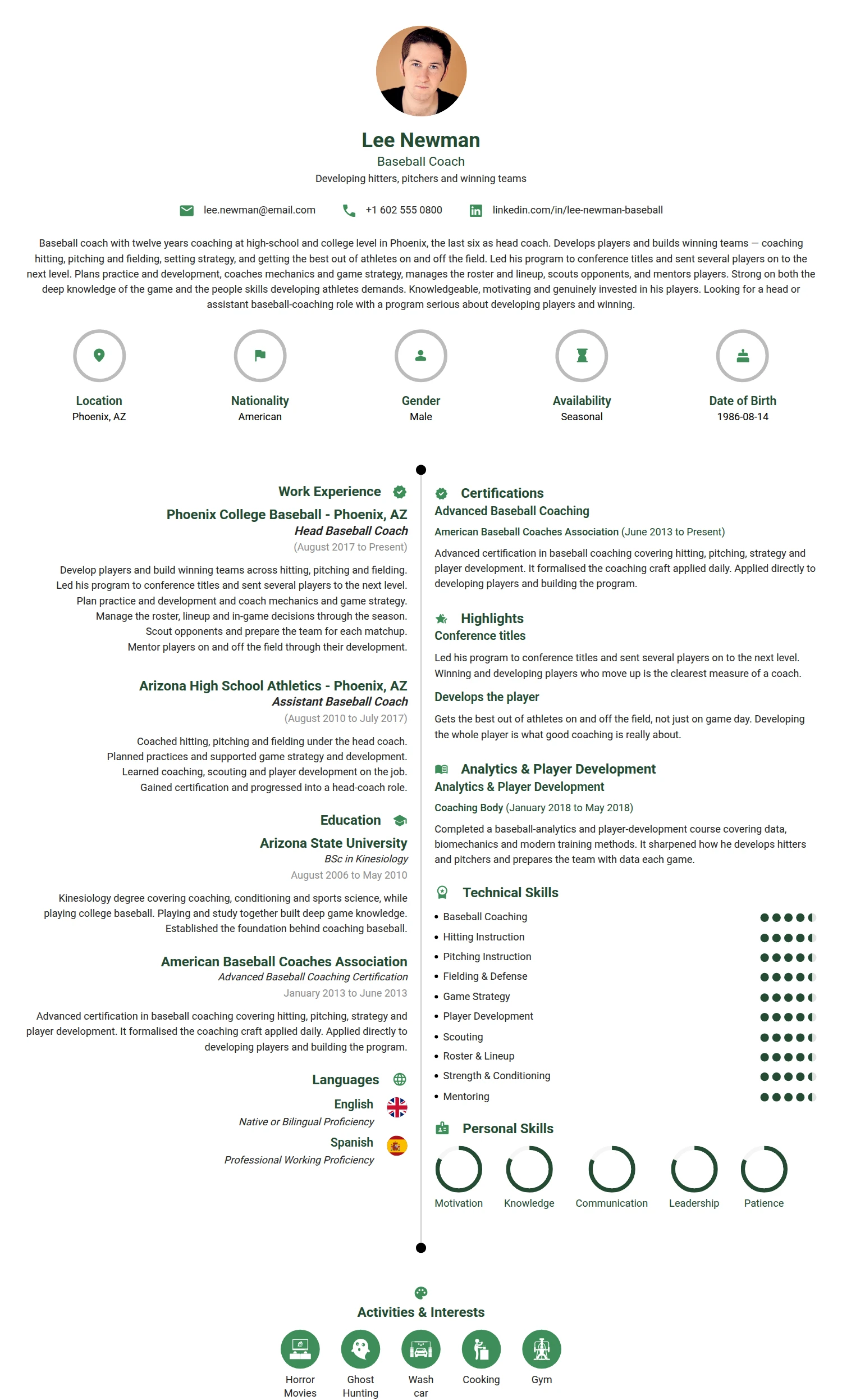 Baseball Coach resume example — a professionally formatted Business Management CV sample