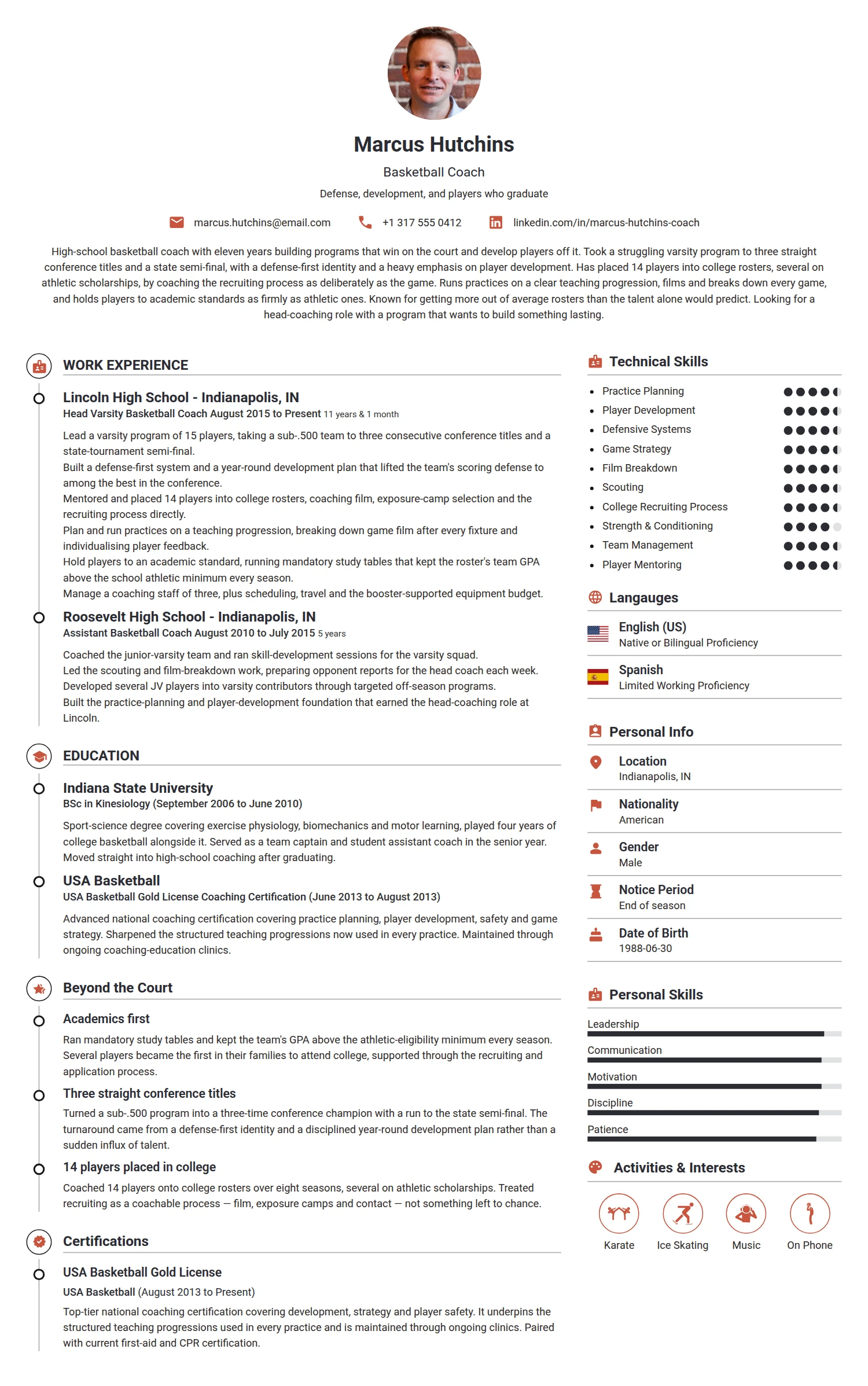 Basketball Coach resume example — a professionally formatted Sports & Fitness CV sample