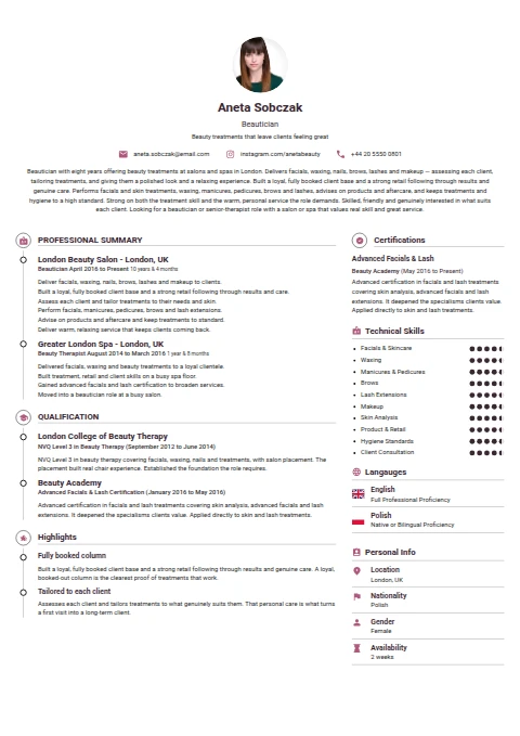 Beautician resume example